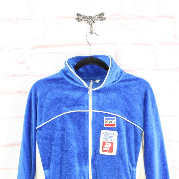 Vintage Levi's Blue Acrylic Zip Up USA National Sport Festival Track Jacket Sz L - Picture 2 of 9